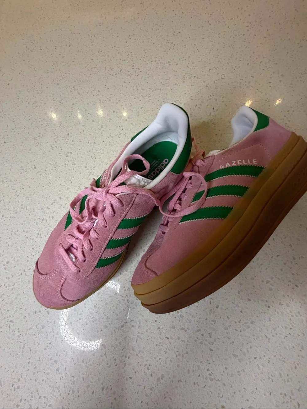 adidas Originals Pink Suede Trainers with Green Stripes - Picture 4 of 5